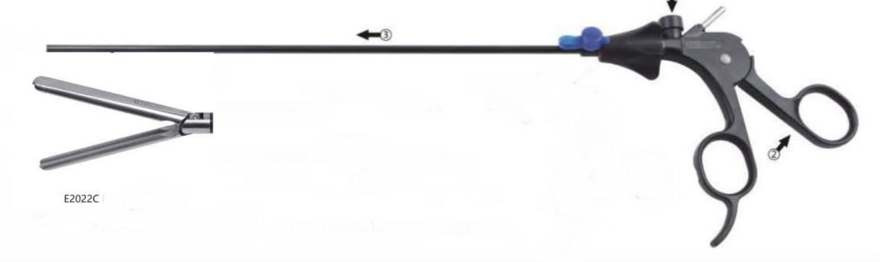 Кишковий затискач атравматичний, де-бейки, обертальний 360 град, V-тип діаметр 5 мм, довжина 330 мм х 35 мм